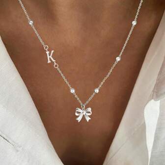 1pc New Fashion Silver Color Initial Bowknot Pendant Stainless Steel Bead Chain Necklace For Women Valentines,Mom,Mother,Mother's Day,Gift