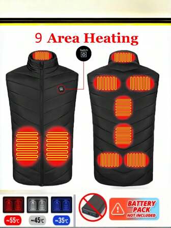 Men's Fashionable Outdoor Vest Jacket, 9-Zone Smart Heating Insulation Jacket With 3-Gear Adjustment, For Outdoor Camping, Waterproof Windproof Warm Vest, Zipper Pockets