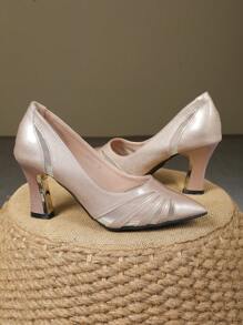 Pointed Toe Thick Heel Mesh Open Toe Slip On High Heel Pumps, Professional Work Dress Shoes, Suitable For Business, Party, Banquet