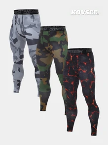 KOVSEE 3pcs Camouflage Print Basketball Compression 3/4 Leggings, Breathable Sports Tights With Letter Waistband