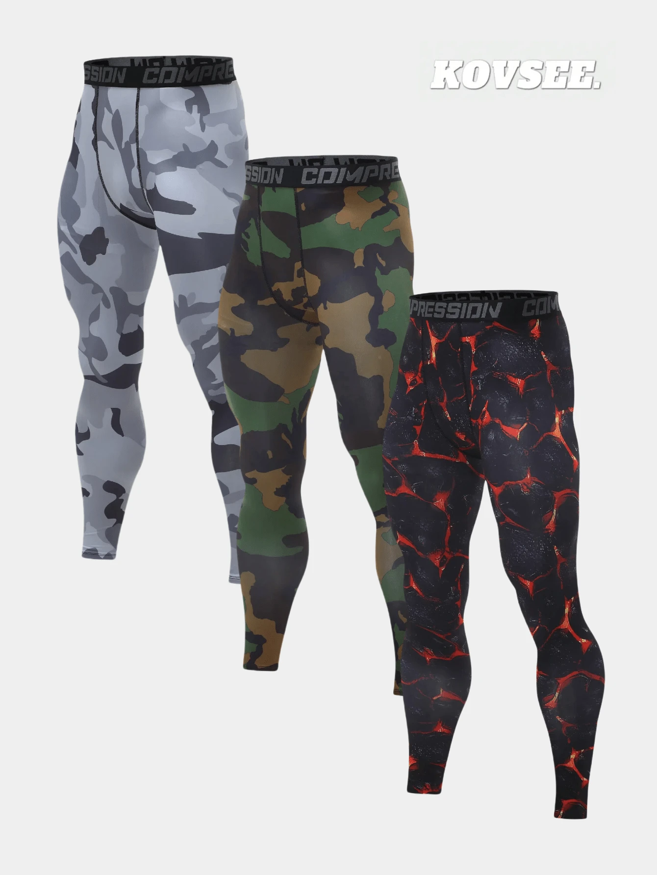 KOVSEE 3pcs Camouflage Print Basketball Compression 3/4 Leggings, Breathable Sports Tights With Letter Waistband
