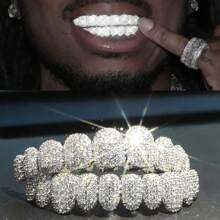 THATBOY 2PCS BlingBling Hip Hop Iced Teeth Grills - Dazzling AAAAA Plus Cubic Zirconia Grillz Teeth, 20 Top & Bottom Grillz Teeth Set - Secure And Adjustable Fit For Rapper Star Show-Stopping, Fashion-Forward Cool And Handsome Look