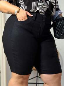 Short Feminino Alfaiataria Preto com Elastano Moda Plus Size Curve Verão