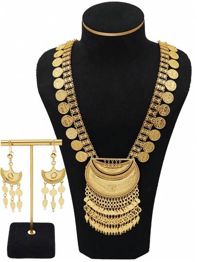 2pcs/Set 24K Gold Plated Zinc Alloy Coin Earrings & Necklace Set, Luxury Bride Wedding Jewelry, Dubai Style