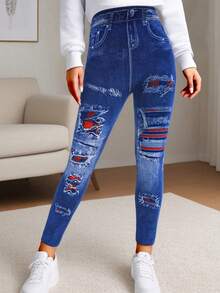 女士时尚无缝高腰牛仔效果紧身牛仔裤，蓝色仿旧图案印花，有弹性，柔软舒适，适合健身、跑步、瑜伽、户外、日常穿着，7/8 长度紧身裤 - 藍色 - 查看 2