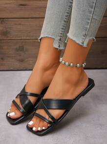 Women's Flat Thong Sandals, Casual Open Toe Slip-On Summer Beach Shoes, Black