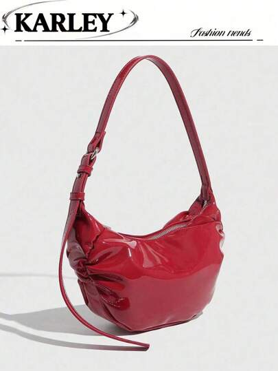 1pc Pleated Glossy Leather Crescent Cloud Shaped Shoulder Bag, Women's Crossbody Bag, New High-End Fashion, Personalized Red Handbag, Pleated Elliptical Shape, Casual Shoulder Bag, Underarm Bag, Soft Leather, Suitable For Hand-Held And Shoulder Carry