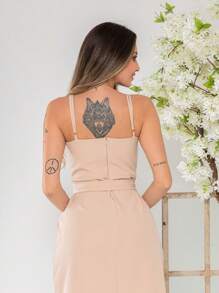 V761 Tailored Midi Dress With Straps - Beige - View 6