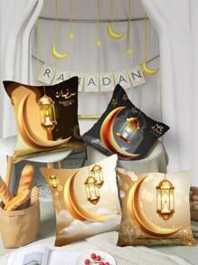 4 Pieces Set Ramadan Pillow Cover - Golden Gray Background Golden Crescent Moon Lamp, Multi-Size Printed Ramadan Throw Pillow Covers, Zipper, Machine Washable, Polyester, Suitable For Any Room Printed Pillow Cover Indoor Outdoor Washable Pillowcase, Home Decor, Bedroom Sofa Chair Pad Cover