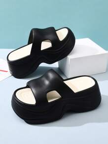 New Style Wedge Thick Bottom Sandals For Women, Fashion Casual Single Item Outdoor Versatile Platform Non-Slip Comfortable Slip-On Sandals - Black and White - View 2