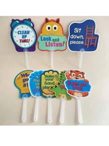 8pcs Cartoon Classroom Rule Board - Colorful Teacher Instruction Signs, Handheld Education Assistive Tool For English Class Interaction, Classroom Management Teacher Command Cards, Early Childhood Teaching Aids