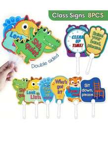 8pcs Cartoon Classroom Rule Board - Colorful Teacher Instruction Signs, Handheld Education Assistive Tool For English Class Interaction, Classroom Management Teacher Command Cards, Early Childhood Teaching Aids