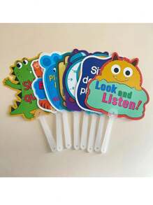 8pcs Cartoon Classroom Rule Board - Colorful Teacher Instruction Signs, Handheld Education Assistive Tool For English Class Interaction, Classroom Management Teacher Command Cards, Early Childhood Teaching Aids