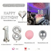 Paquete de decoración "Feliz Cumpleaños" de 68 piezas en plata - Globo de número de 32 pulgadas (81.28cm) de lámina, banderín "Feliz" plateado, globos de látex rosa y plateados para fiestas de cumpleaños de 18, 19, 20, 21, 25, 30 años, suministros reutilizables - Conjunto Plata Rosa Claro-Números Plata - Ver 14