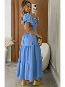 Women's V-Neck Midi Dress Longuette Slit Fashion Blogger - Màu xanh nhạt - Xem 2