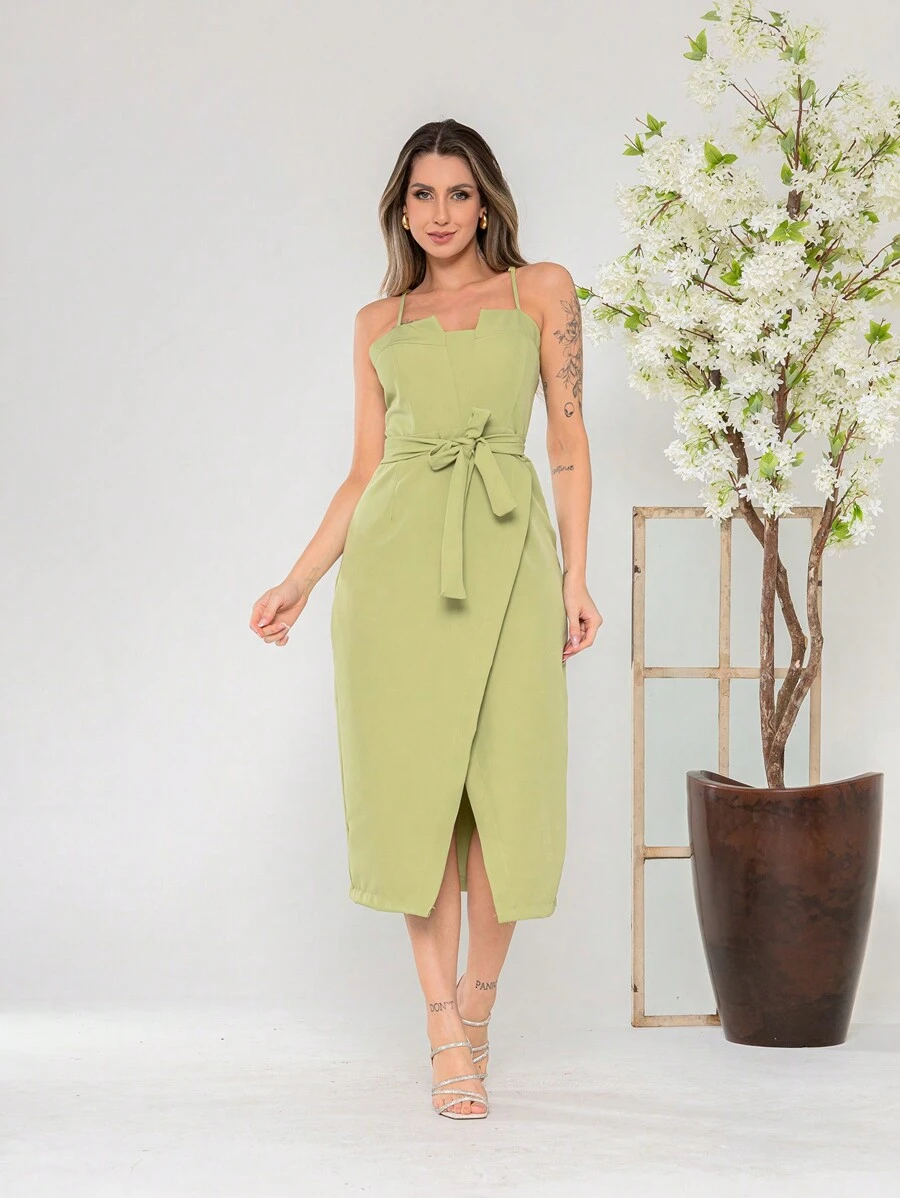 V761 Tailored Midi Dress With Straps - Olive Green - View 1