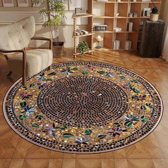 1pc 'Colorful Crushed Stone Background, Reen Pink Blue Crystals In Golden Circles Forming An S-Shaped Border' Non-Slip Resistant Round Rug, Machine Washable, Carpet For Entryway Living Room Bedroom, Outdoor Patio Garden Yard Decor Rug, Home Decor, Room Decor, Area Rug, Tapestry