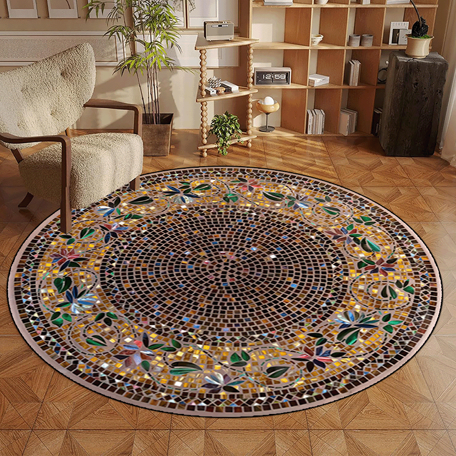 1pc 'Colorful Crushed Stone Background, Reen Pink Blue Crystals In Golden Circles Forming An S-Shaped Border' Non-Slip Resistant Round Rug, Machine Washable, Carpet For Entryway Living Room Bedroom, Outdoor Patio Garden Yard Decor Rug, Home Decor, Room Decor, Area Rug, Tapestry