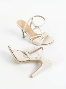 Women's Sandals With Wide Straps, Bowknot , Fine High Heels, Ankle Strap, Metal Buckle, Minimalist Round Toe, Suitable For Summer & Autumn - Apricot - View 7