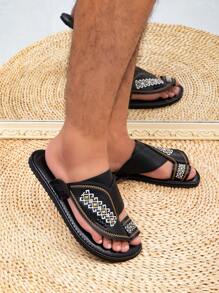 男士春夏舒适平底阿拉伯风格拖鞋，男士黑色轻便凉鞋 - 黑色 - 查看 2