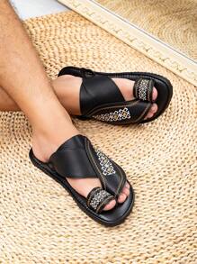 男士春夏舒适平底阿拉伯风格拖鞋，男士黑色轻便凉鞋 - 黑色 - 查看 5