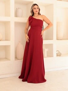 Victoria Long Luxury Dress Plain Duna Linen With Bow One Shoulder - Redwood - View 1
