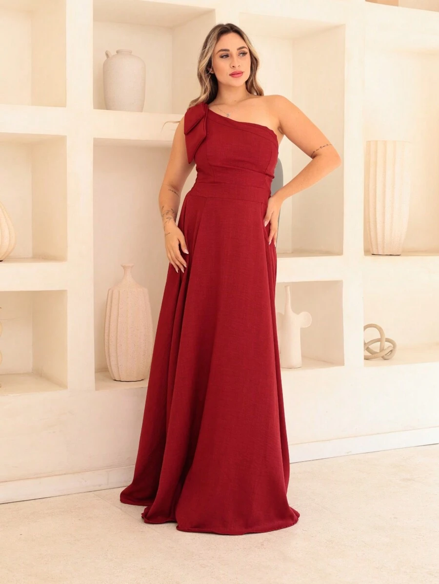 Victoria Long Luxury Dress Plain Duna Linen With Bow One Shoulder - Redwood - View 1