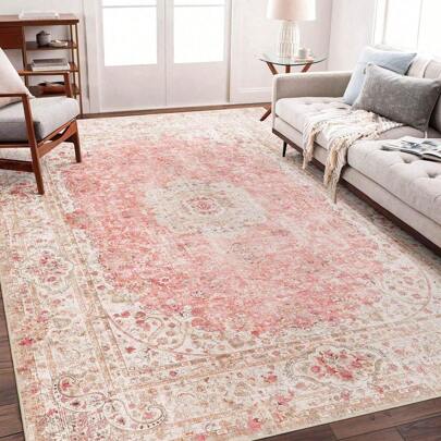 Washable Area Rug, Bohemian Style Pink Floor Carpet, Faux Wool Vintage Look Rug For Bedroom, Living Room, Kitchen, Entrance, Suitable As Wedding Gift, Bedroom Decor, Mother's Day Gift