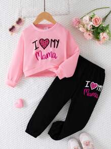 Set de 2 bucăți pentru fete, ocazional, în aer liber, cu litere, imprimeu încrucișat, hanorac scurt și pantaloni lungi, primăvară și toamnă - Roz - Vizualizare 1