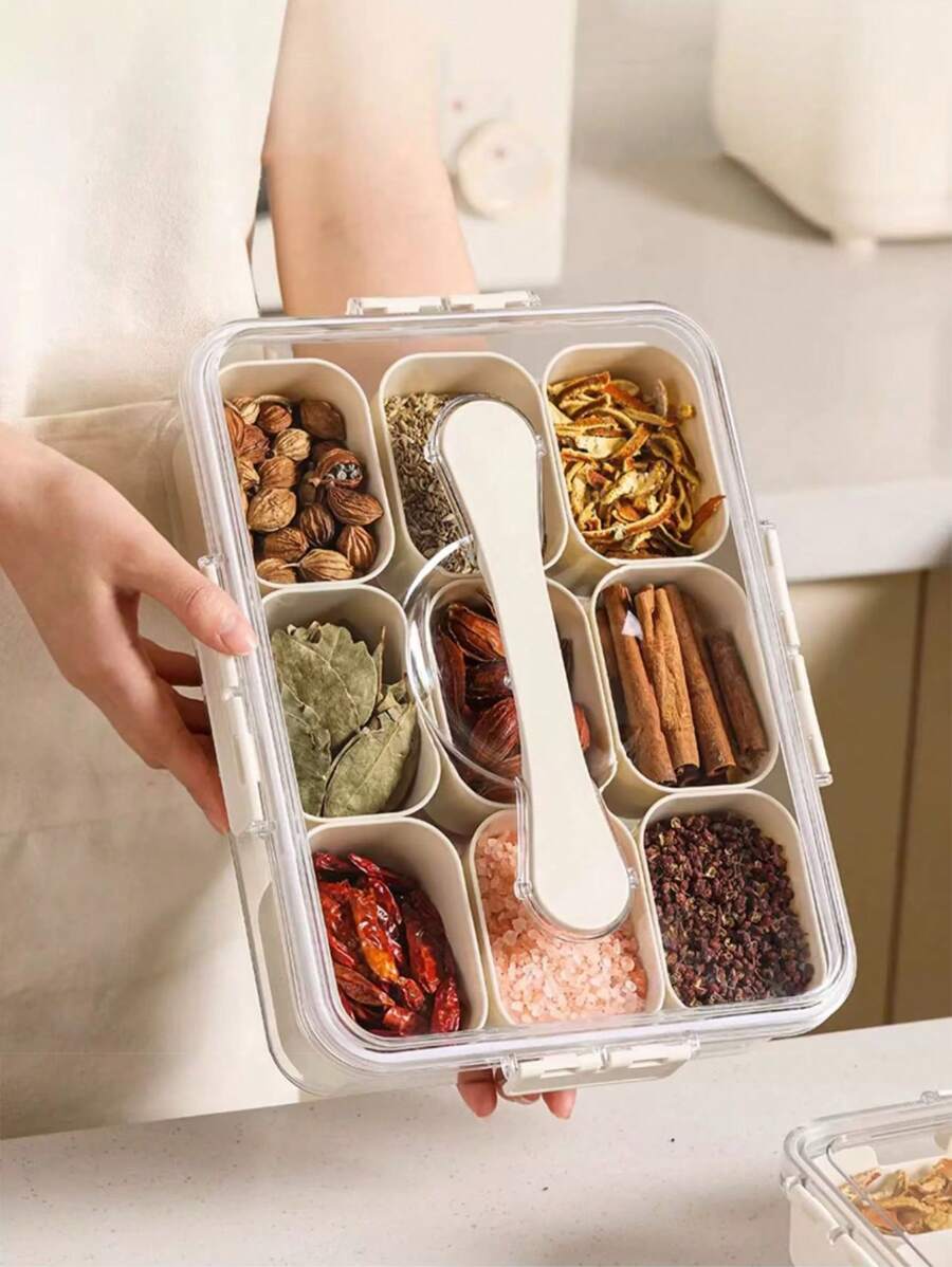 1 hộp đựng trái cây, 4/8/9 ô đựng gia vị/thảo mộc/gia vị có nắp đậy kín, dùng cho nhà bếp, tủ lạnh, ngăn kéo, hộp đựng đồ ăn trưa dã ngoại ngoài trời, quà tặng Ngày của Mẹ