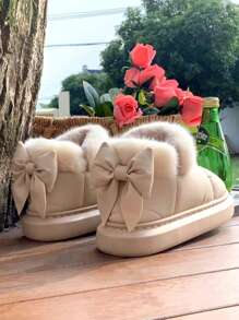 1 Pair Unisex EVA Thermal Lined Bow Decor Anti-Slip Thick Sole Flat Casual Shoes, Suitable For Autumn/Winter - Beige - View 1
