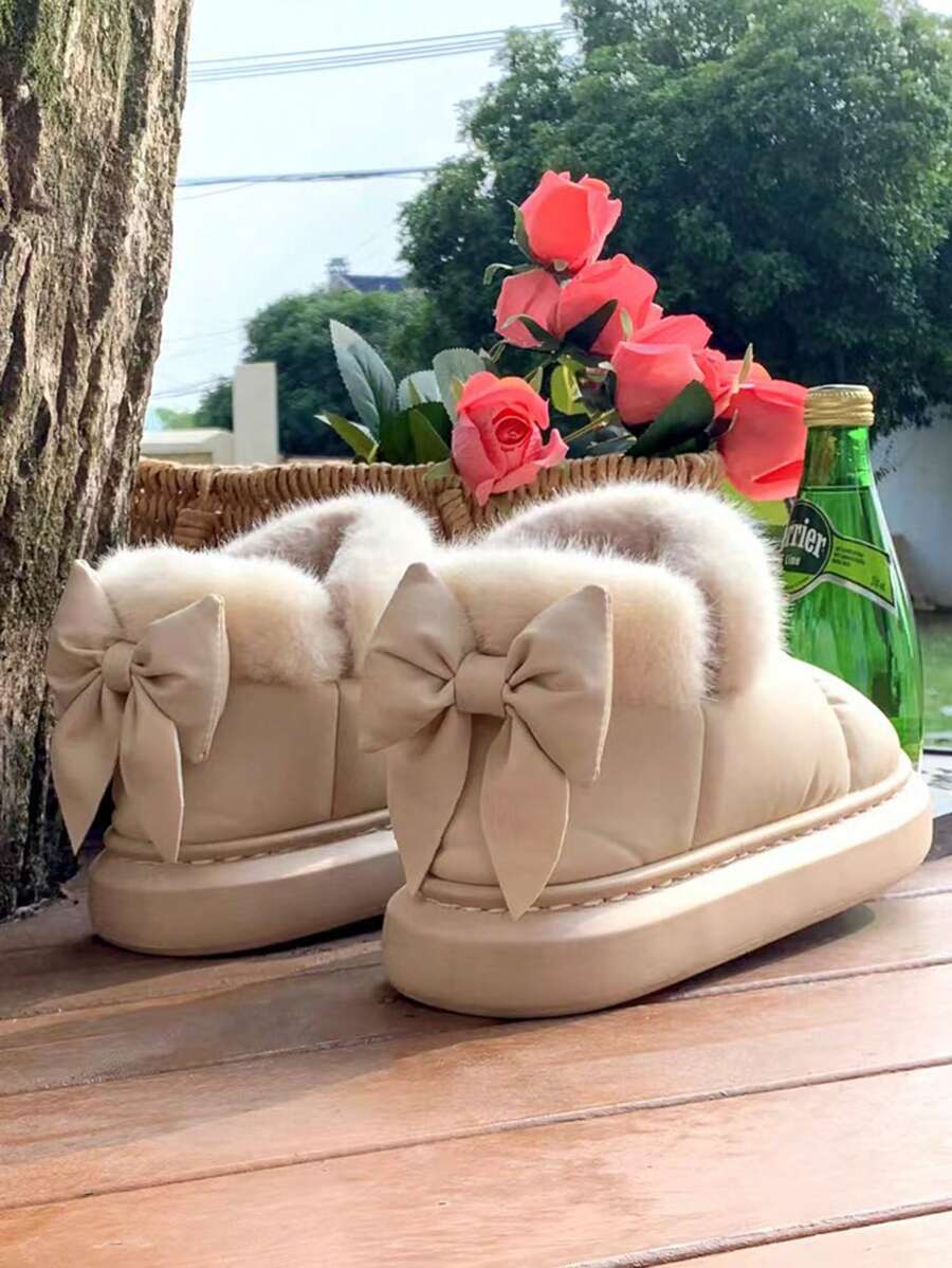 1 Pair Unisex EVA Thermal Lined Bow Decor Anti-Slip Thick Sole Flat Casual Shoes, Suitable For Autumn/Winter - Beige - View 1
