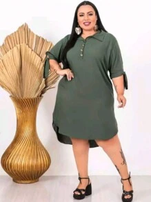 Women's Plus Size Chemise Dress, Viscose Fabric, With Functional Button - Army Green - View 1