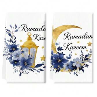 2 件超柔软涤纶厨房毛巾 - 16x24 英寸，月亮和星星图案，夏季多用途毛巾，可用作餐巾、桌垫，是厨房、浴室、户外活动、派对、下午茶装饰、家居用品的理想乔迁礼物