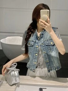 美式短款牛仔背心外套无袖马甲 - 中等水洗藍 - 查看 3