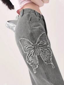 Plus Size Women's Fringe Butterfly Patch Elastic High Waist Flare Jeans, Western Cowgirl Style