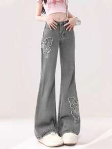 Plus Size Women's Fringe Butterfly Patch Elastic High Waist Flare Jeans, Western Cowgirl Style