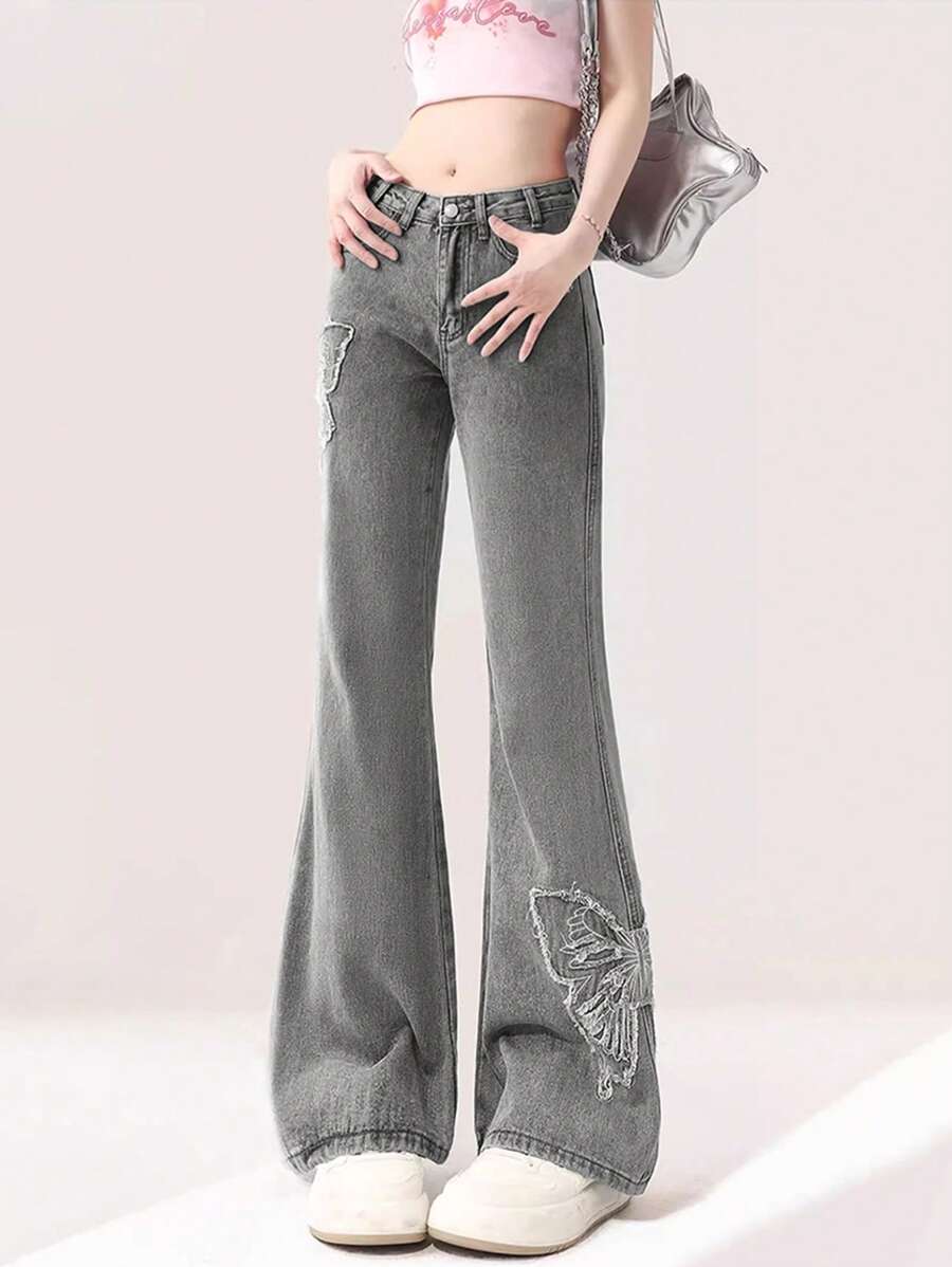Plus Size Women's Fringe Butterfly Patch Elastic High Waist Flare Jeans, Western Cowgirl Style