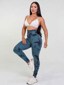 Tie Dye Yoga Leggings, Seamless Butt Lifting Leggings. - 綠色 - 查看 3