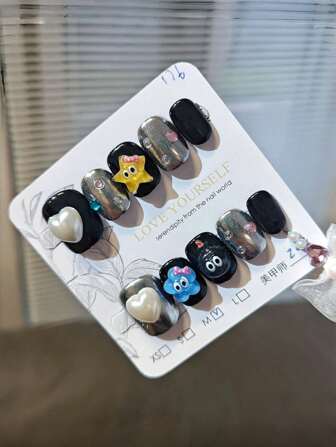 10 片装光疗糖果色可爱卡通眼部指甲贴片，适合女孩按压指甲，美甲用品，指甲