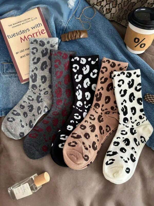 5 Pairs Of Winter Leopard-Print Mid-Tube Socks, High Tube Pile Socks, Breathable Sweat Absorption Comfort Socks, Comfort Sports Stockings, Black, White, Grey Socks