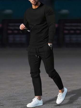 Conjunto de ropa casual de primavera, de tela de gofre, 2 piezas de ropa para hombre: camiseta de cuello redondo de manga larga y pantalón de chándal con cordón, para primavera, otoño, ropa de hombre, ropa de otoño