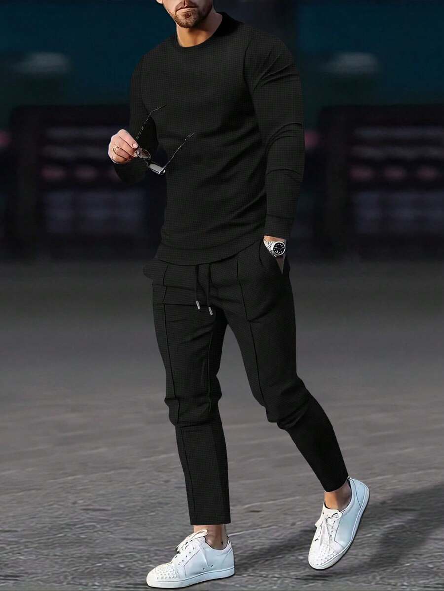 休闲装春季，华夫格面料男士两件套服装，休闲圆领长袖 T 恤，套头 T 恤和抽绳运动裤慢跑套装，春季，秋季，男士服装，秋季服装 - 黑色 - 查看 1