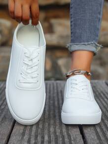 Women White Shoes - British Style Leather Lace-Up Sneakers, Round Toe Low-Top Flat Skateboard Shoes, Fashionable Breathable Non-Slip White Casual Shoes For Students