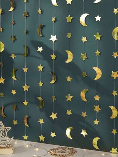2m/4m-Star And Moon Garland Banner Decoration For Party, Golden Bright Star Moon Paper Garland Hanging Ribbon Banner Background, Holiday Party, Decorate Bedroom And Beautify Living Room With Stickers