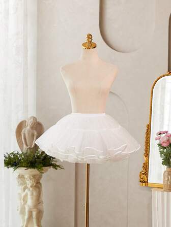 1pc 30cm Lolita Petticoat, Boneless Daily Micro-Puff 4-Layer Tulle Long A-Line Cosplay Tutu Skirt, White
