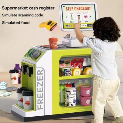 Juego de supermercado para niños - Incluye caja registradora de juguete, café realista, postres, bebidas, escaneado y pago con tarjeta, juego de roles para simular compras en el supermercado, juguetes de matemáticas y educación temprana, juguetes de otoño para niños, estación de comida rápida y pizza en miniatura, juguetes de aprendizaje interactivo para niños y niñas (requiere 2 pilas AA y 2 pilas AAA, no incluidas)