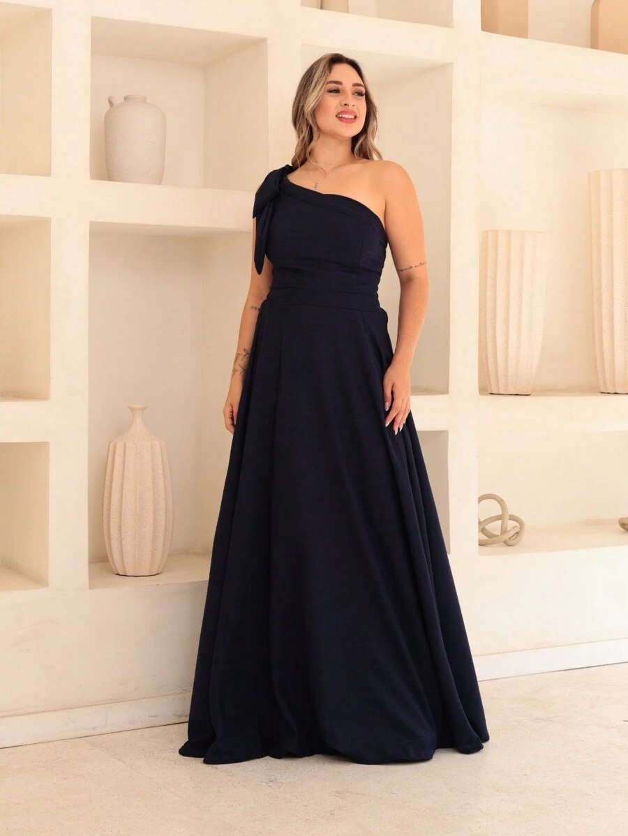 Victoria Long Luxury Dress Plain Duna Linen With Bow One Shoulder - Navy Blue - View 1