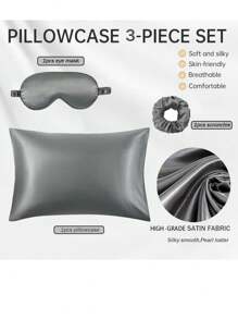 3PCS/SET . Sleep Set | Softer Than Pillowcase & Eyemask Set - Includes 1 Satin Pillowcase, 1 Eye Mask & 1 Scrunchie - Grey - View 5