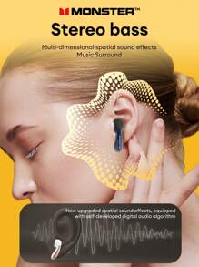 MONSTER MQT36 Bluetooth Headphones, Featuring HD Surround Stereo Sound, Deep Bass, Sensitive Microphone, Intelligent Noise Cancellation, Low-Latency Recording And Calling, Waterproof And Sweatproof, Long Battery Life, Comfortable And Simplistic Business Wireless Earbuds